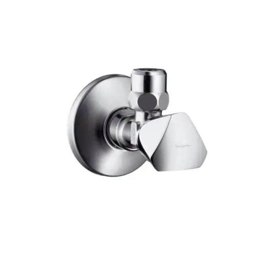 Eckventil von Hansgrohe, aus verchromtem Material, mit abgerundeter Vorderseite und standardisiertem Anschluss, montiert an einer Wandplatte.